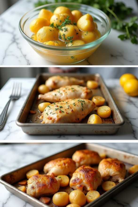 Flat lay of fresh ingredients for Lemon Greek Chicken and Potatoes on a marble table, including chicken, lemon, potatoes, garlic, and herbs