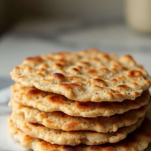 Stack of freshly made oat flatbread on a marble table with avocado and herbs