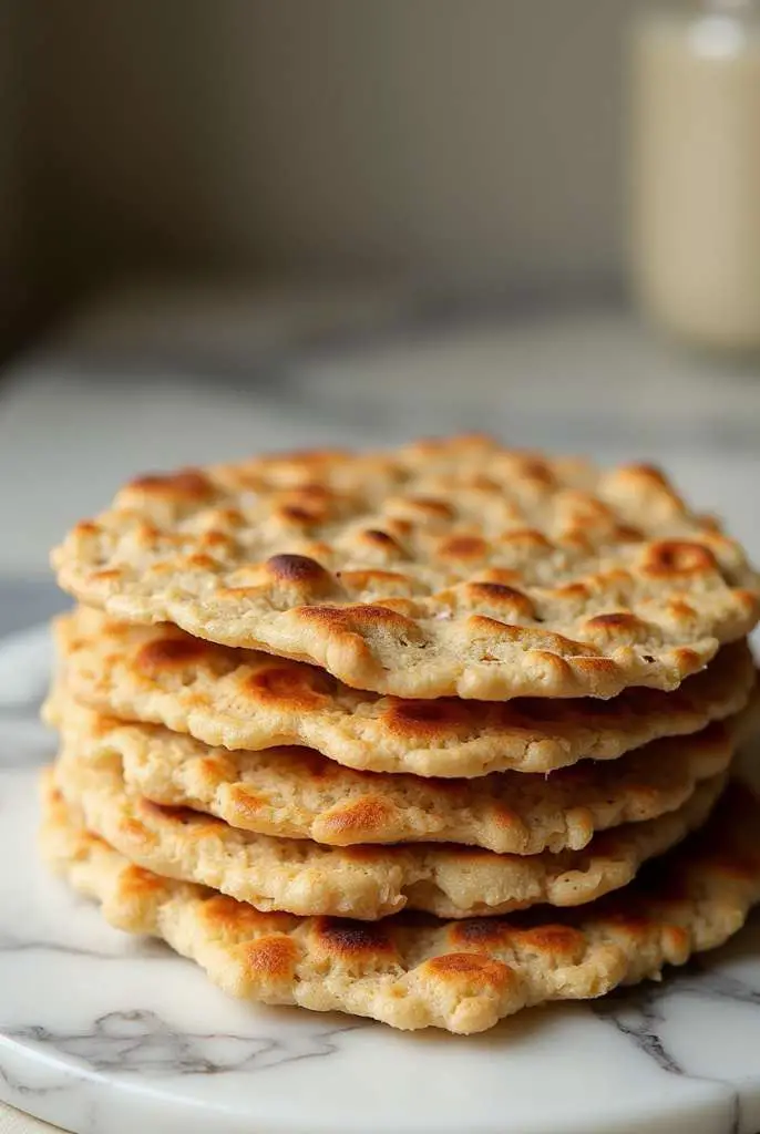 Stack of freshly made oat flatbread on a marble table with avocado and herbs