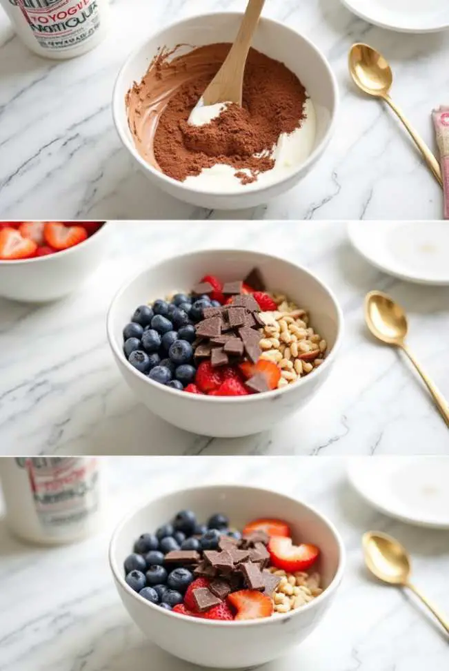 Chocolate strawberry Greek yogurt keto bowl topped with fresh fruit and dark chocolate
