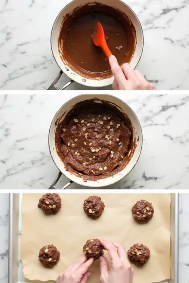 A batch of no-bake chocolate oat cookies on a white marble surface with rustic texture and glossy chocolate finish