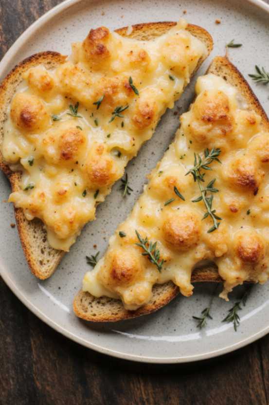 Crispy egg and cheese toast with melted cheddar and herbs on golden bread