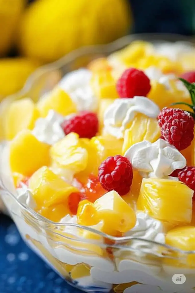 Creamy Pineapple Salad in a glass bowl, topped with a cherry, ready to be served.