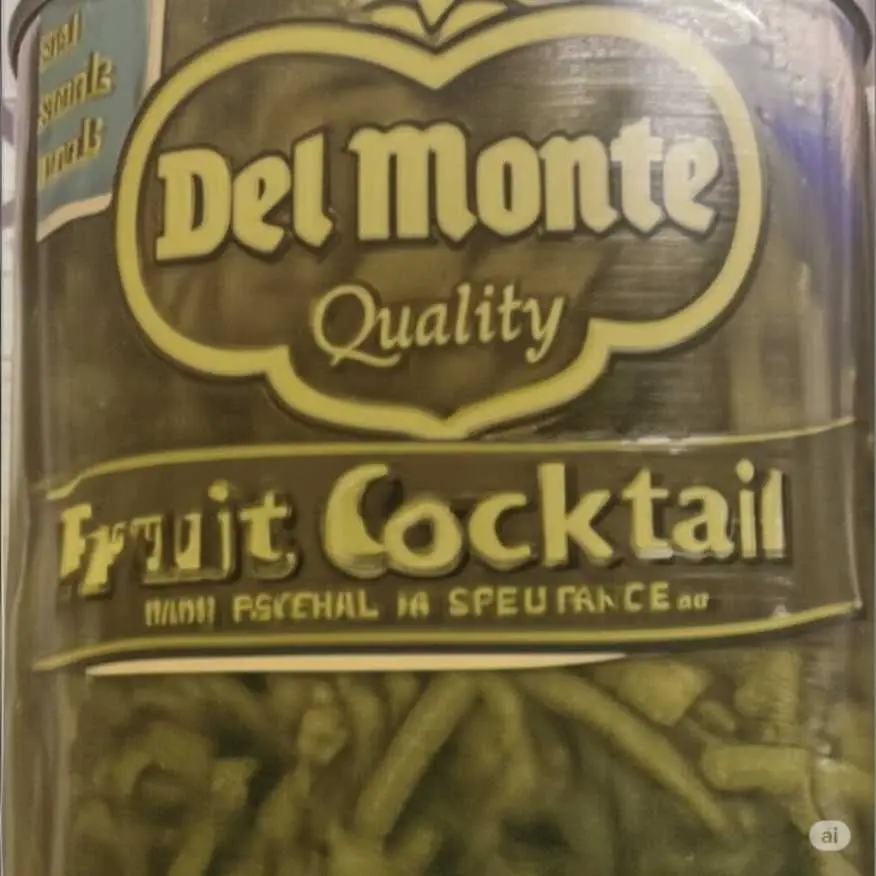 Stacked Del Monte canned goods on a grocery shelf, representing the brand's long-standing presence and current bankruptcy filing.