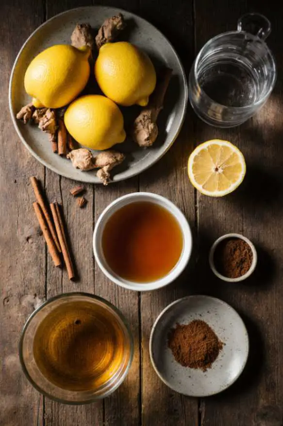 Warm natural morning drink in a clear glass mug with lemon slices and cinnamon on top, sitting on a bright kitchen counter.
