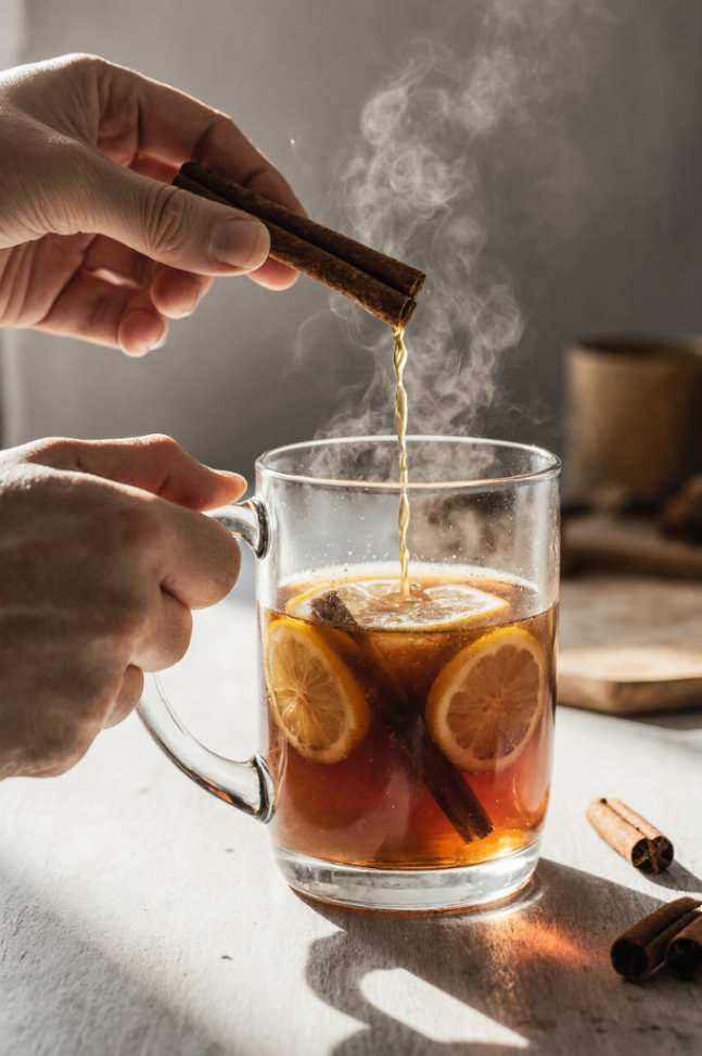 Warm natural morning drink in a clear glass mug with lemon slices and cinnamon on top, sitting on a bright kitchen counter.