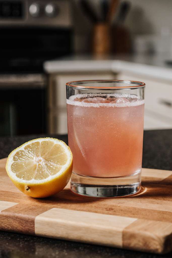 Flat lay of a glass of pink drink with pink salt, lemon, and mint on a light background. Natural detox drink for weight loss.
