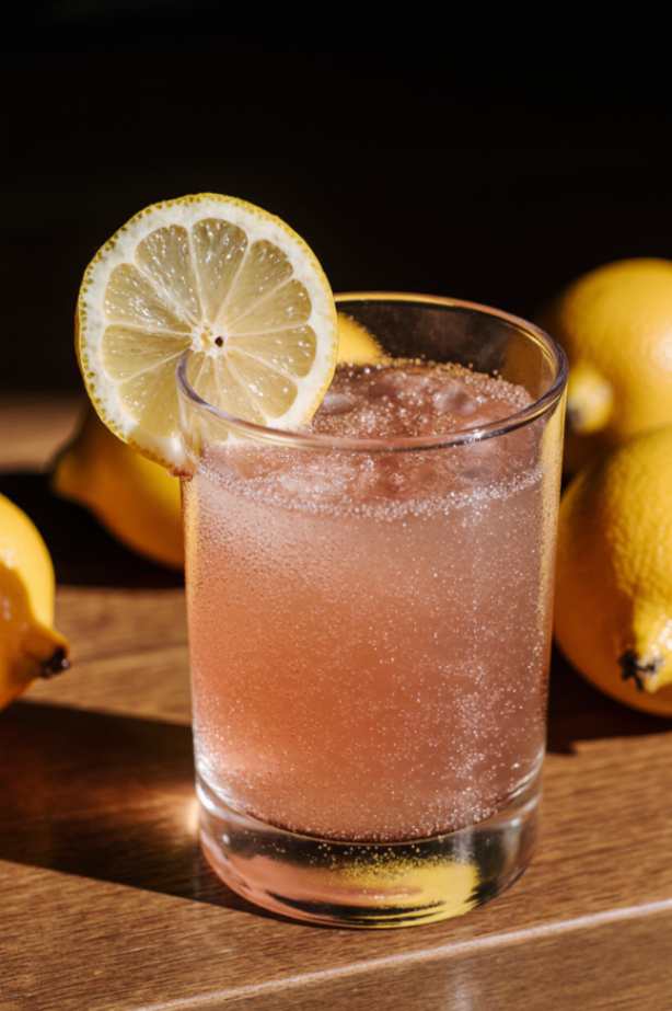 Flat lay of a glass of pink drink with pink salt, lemon, and mint on a light background. Natural detox drink for weight loss.