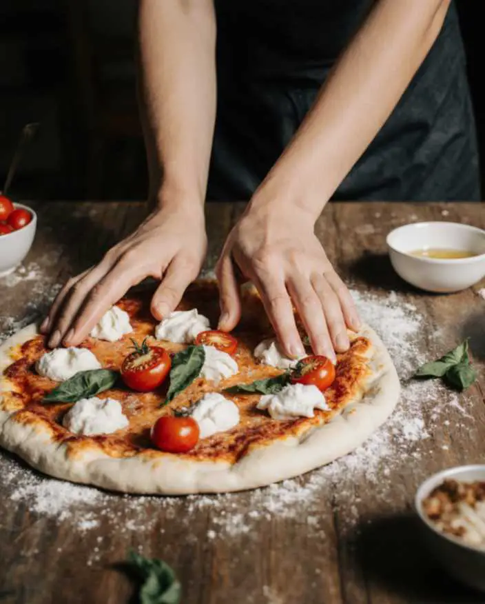 Stretching Neapolitan pizza dough and topping with cherry tomatoes and mozzarella
