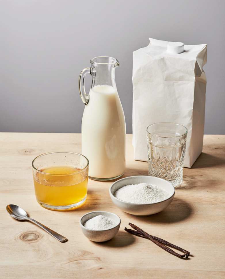 A flat-lay of all the simple, pure ingredients needed for homemade gluten-free ice cream.