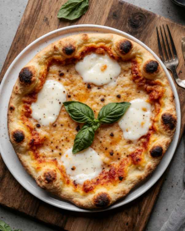 Finished Neapolitan pizza served on a wooden board with fresh basil on top