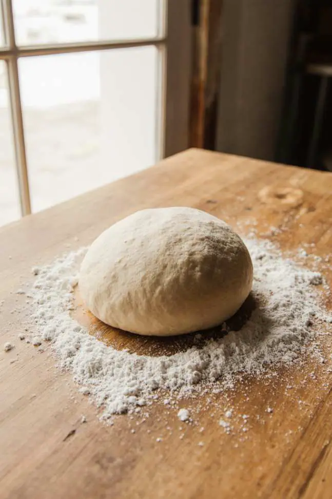 Neapolitan pizza dough resting on a floured wooden surface, ready to rise