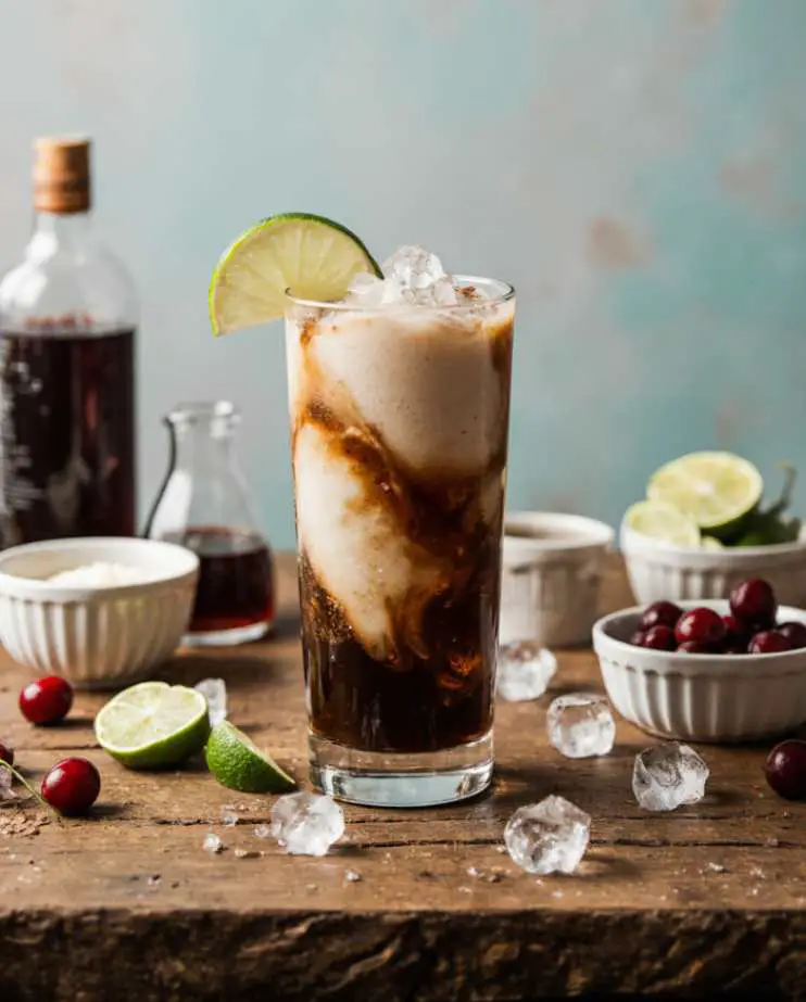 Glass of dirty soda with creamy swirl and garnishes on a rustic table
