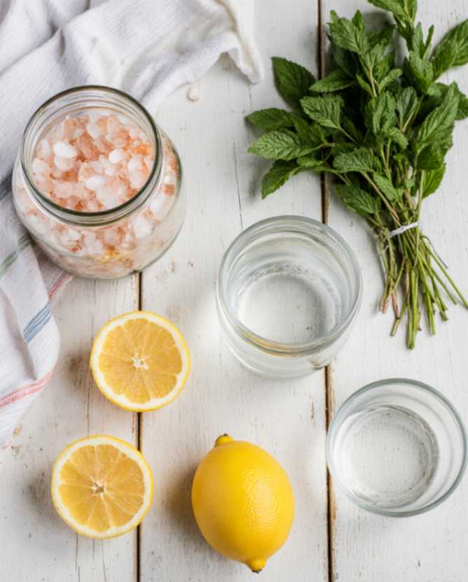 Ingredients for a pink salt detox drink: Himalayan salt, fresh lemon, water, and mint on a white wooden table.