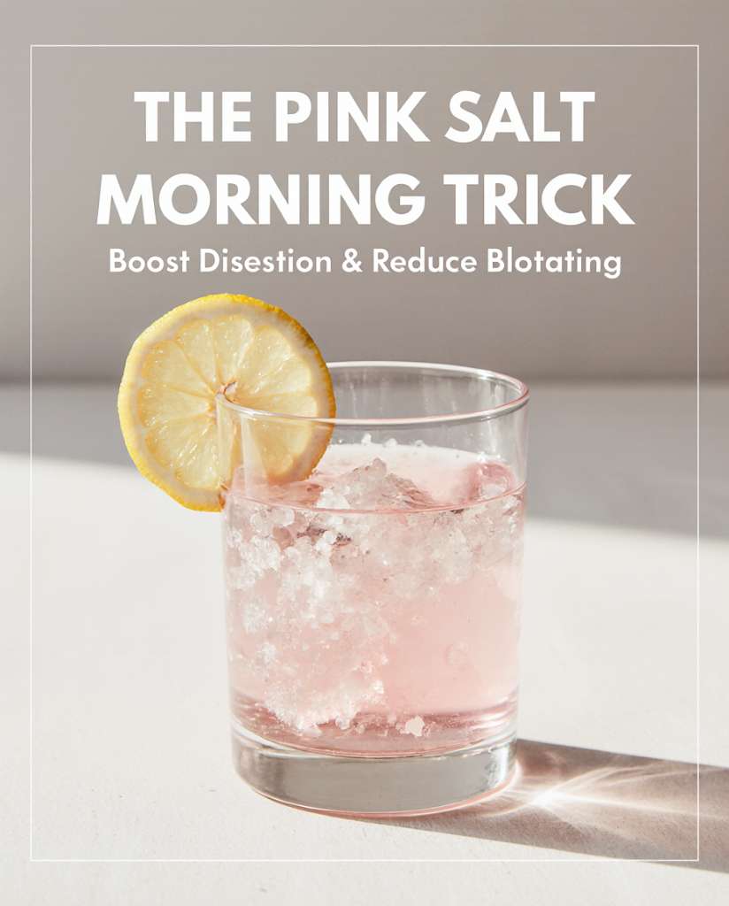 Glass of pink Himalayan salt detox drink with lemon slice on the rim, used to reduce bloating and support digestion.