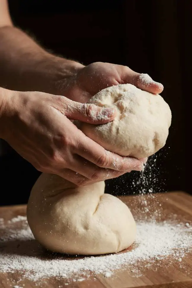 Hands kneading Neapolitan pizza dough on a lightly floured surface