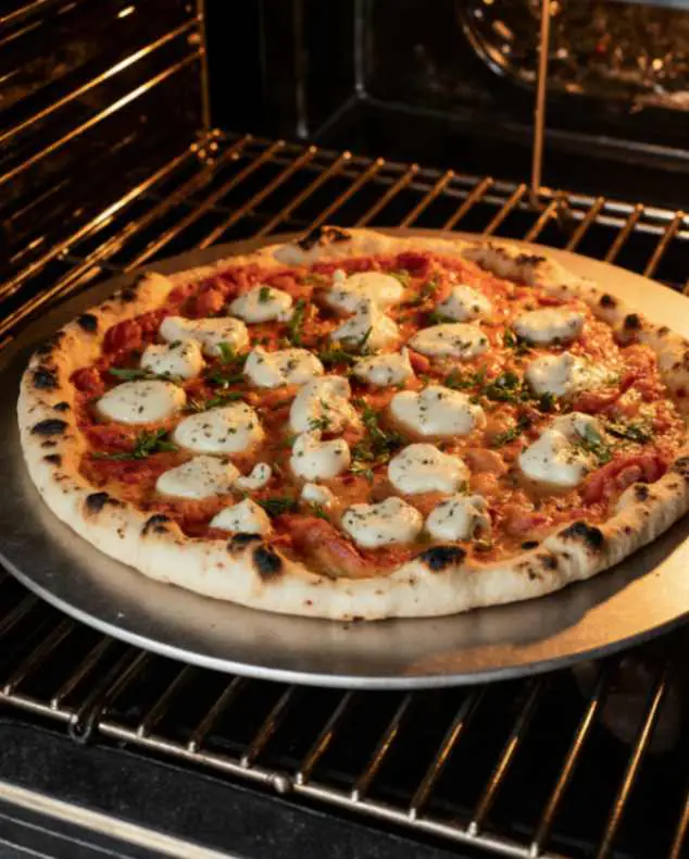 Neapolitan pizza baking in a hot oven with bubbling crust and melted cheese